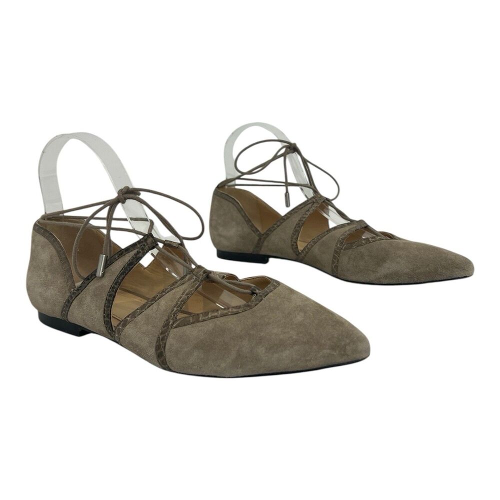 Brian Atwood Women's Size 9.5 Taupe Suede Pointed Toe Lace-Up Flats